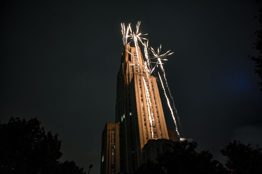 Fireworks erupt from the Cathedral of Learning at PPC’s annual Homecoming Laser and Fireworks show in 2018. 
