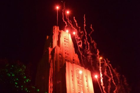 Fireworks over the Cathedral of Learning at Pitt Program Council’s Homecoming Laser and Fireworks show in fall 2021.