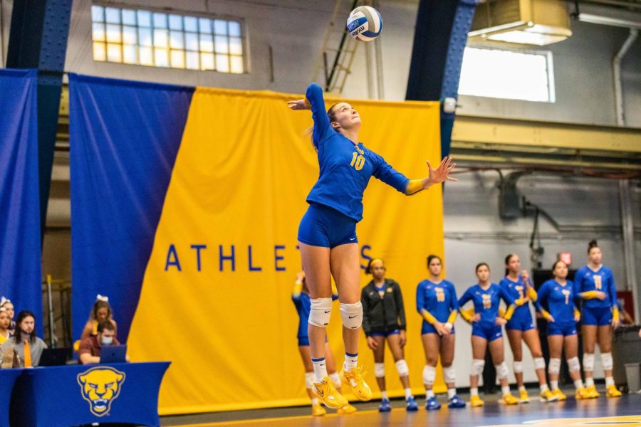 Sophomore Rachel Fairbanks (10) serves the ball during Pitt volleyball’s match against American University on Sept. 9. 