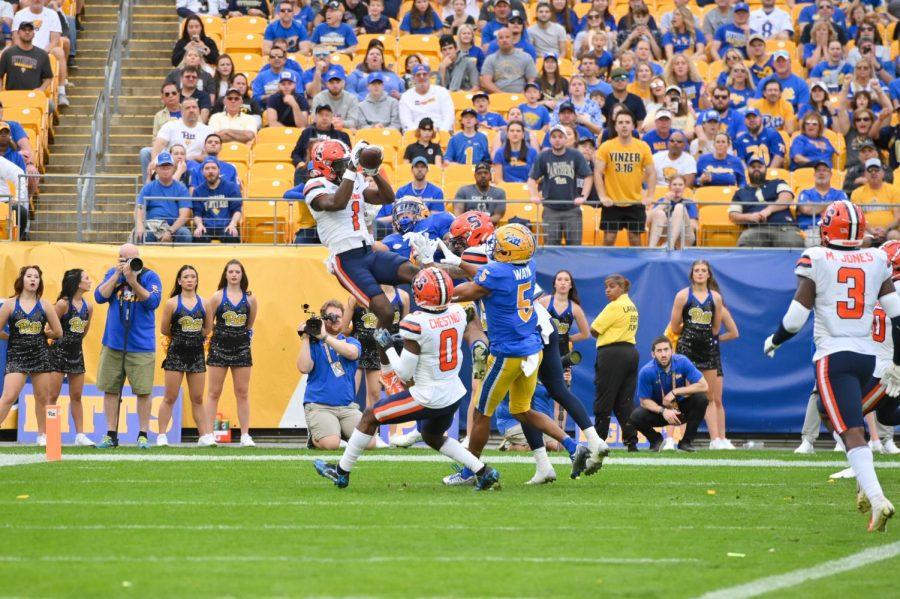 Syracuse sophomore defensive back Ja’Had Carter (1) catches an interception during Pitt football’s game against Syracuse  at Acrisure Stadium.
