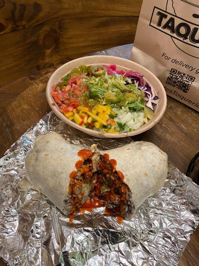A carne asada burrito and a rice bowl from El Jefe’s Taqueria on Forbes Avenue. 
