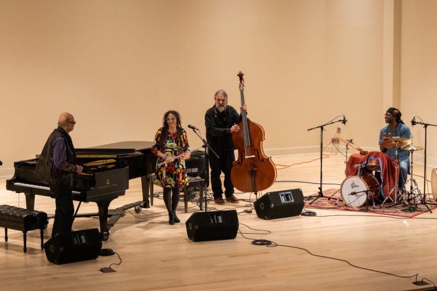 From left, pianist Dave Burrell, flutist Nicole Mitchell, bassist Joshua Abrams and percussionist Hamid Drake play together at Tuesday’s 52nd Annual Jazz Concert in Bellefield Hall Auditorium. 
