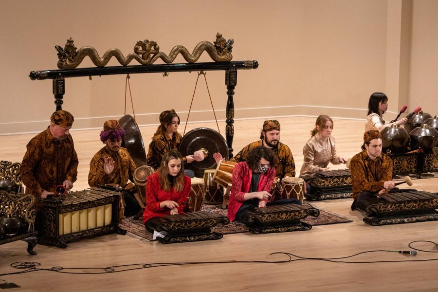 Members of the University Gamelan Ensemble play instruments during their concert at Bellefield Hall on Nov. 15. 