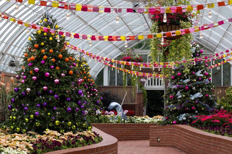 Phipps Conservatory decorated for its Winter Flower Show and Light Garden.