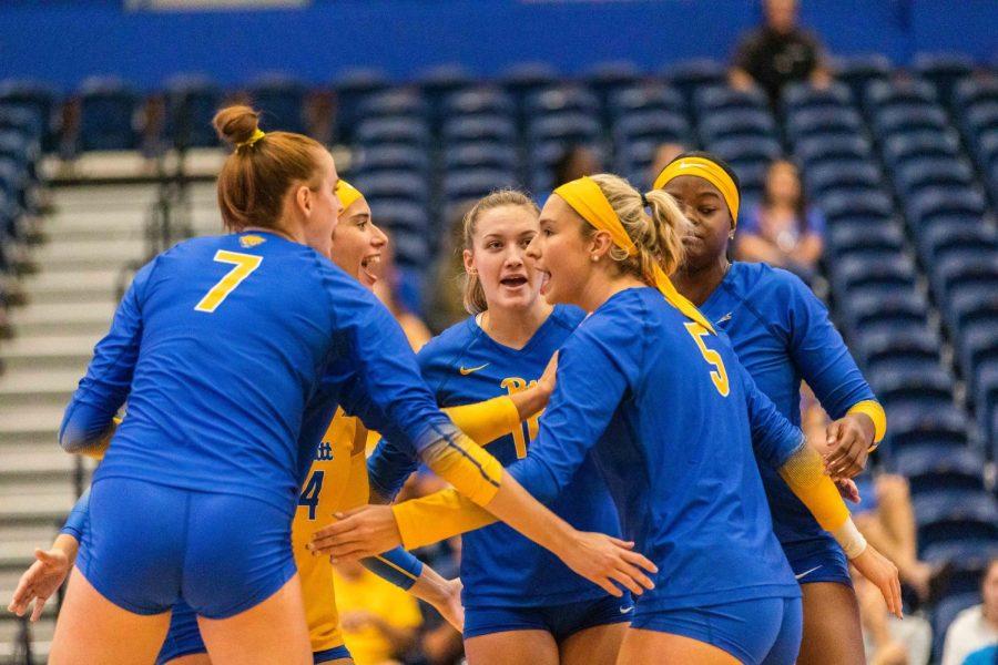 Pitt volleyball players celebrate during their game against American University at the Fitzgerald Field House on Sept. 9.