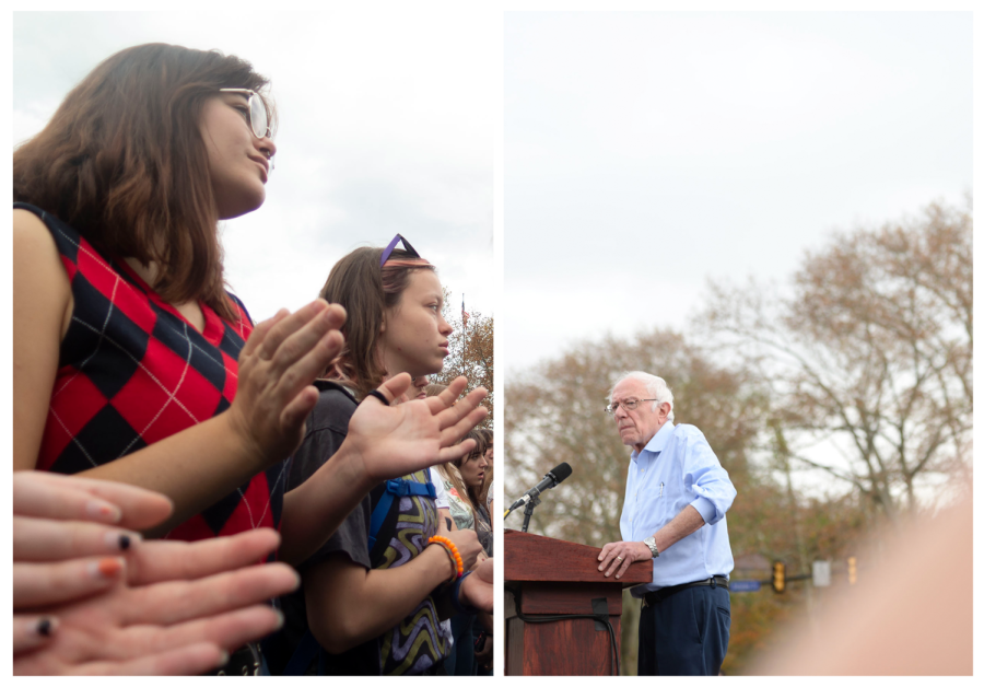 (Left) Pittsburghers applaud Bernie Sanders in Schenley Plaza Sunday afternoon. (Right) Bernie Sanders speaks to a crowd gathered in Schenley Plaza Sunday afternoon. 
