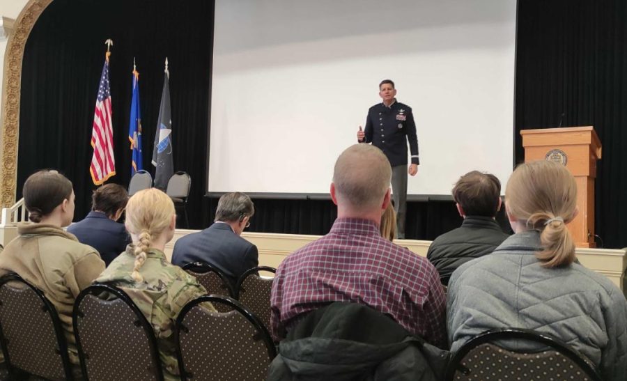 General David Thompson speaks to a crowd gathered at the O’Hara Student Center on Thursday. 
