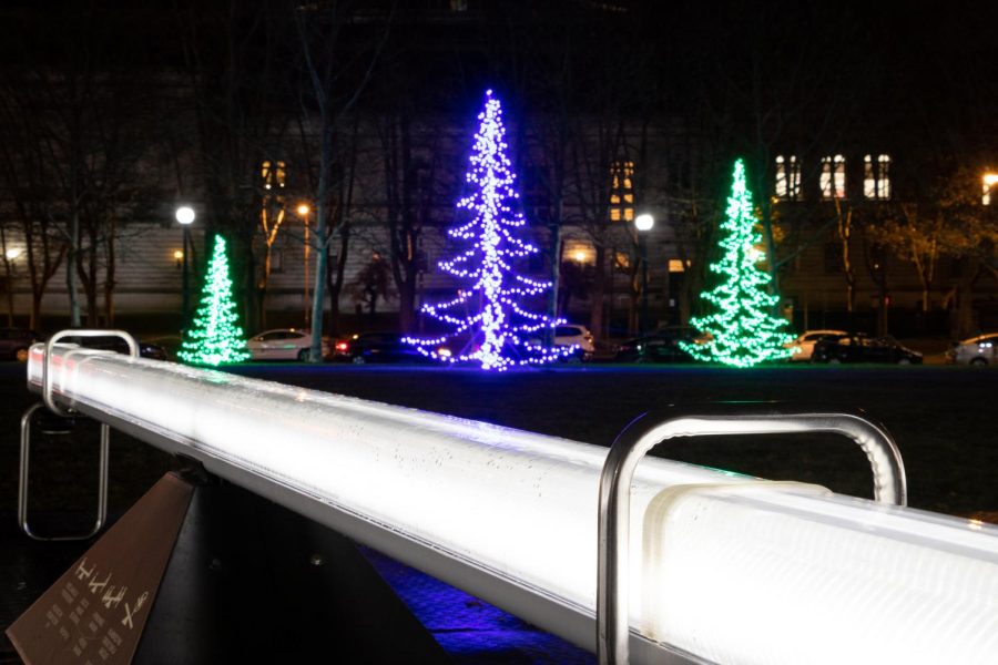 Holiday lights in Schenley Plaza. 