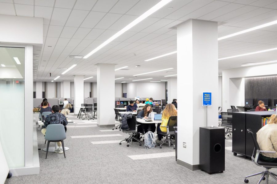 Students study on the newly renovated second floor of Hillman Library.