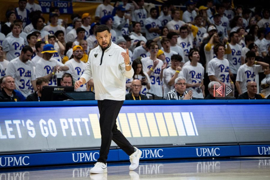 Jeff Capel, head coach of Pitt mens basketball, yells on the court during the game against Wake Forest on Wednesday, Jan. 25.