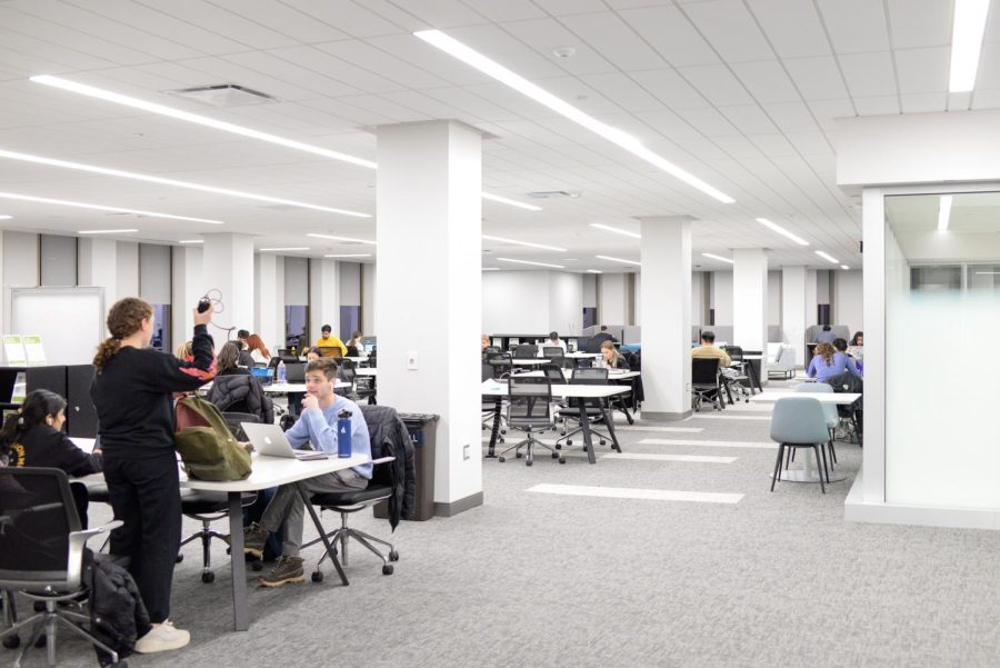 Students study on the newly renovated second floor of Hillman Library.
