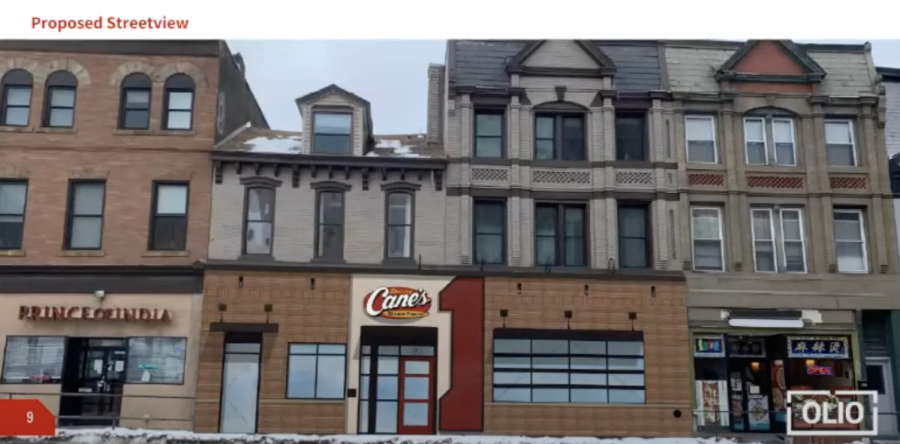 A rendering of the proposed Raising Canes location on Forbes Avenue.