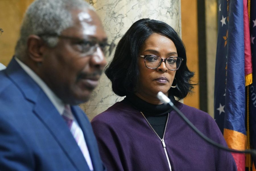 Democratic State Sen. Angela Turner Ford of West Point, right, listesn as Sen. John Horhn, D-Jackson, foreground, expresses the Mississippi Legislative Black Caucus disappointment at the passing of House Bill 1020, legislation that would create a separate court system in the Capitol Complex Improvement District, at the Mississippi Capitol, Wednesday, Feb. 8, 2023, in Jackson. 
