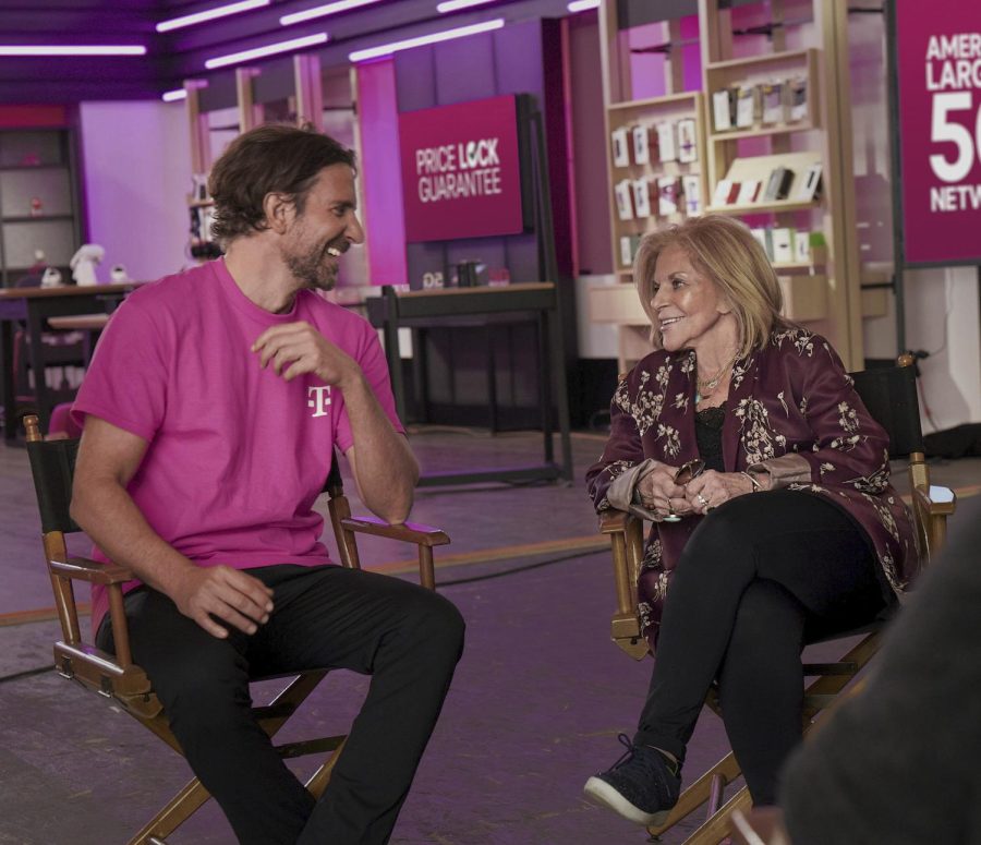 Bradley Cooper and his mother Gloria Campano in a scene from the T-Mobile 2023 Super Bowl NFL football spot.