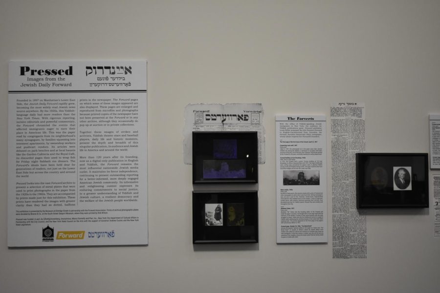 The+exhibit+%E2%80%9CPRESSED%3A+Images+from+the+Jewish+Daily+Forward%2C%E2%80%9D+on+the+first+floor+of+Hillman+Library.
