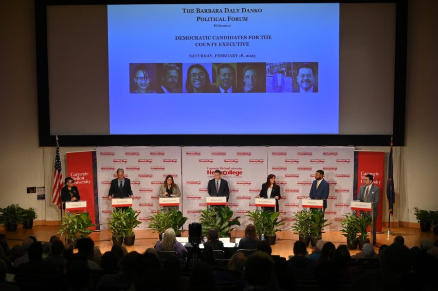 Candidates for Allegheny County executive speak at the Barbara Daly Danko Political Forum, on Saturday at Carnegie Mellon University in the McConomy Auditorium. Pictured from left to right: Liv Bennett, Dave Fawcett, Sara Innamorato, Michael Lamb, Erin McClelland, Will Parker, and John Weinstein. 
