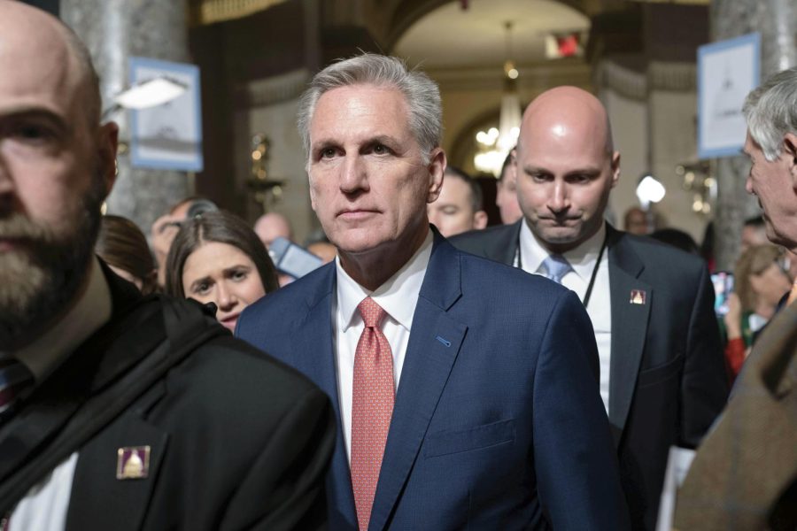 Speaker of the House Kevin McCarthy, R-Calif., leaves the House Chamber after President Joe Bidens State of the Union address to a joint session of Congress at the Capitol on Tuesday, Feb. 7, 2023, in Washington. 

