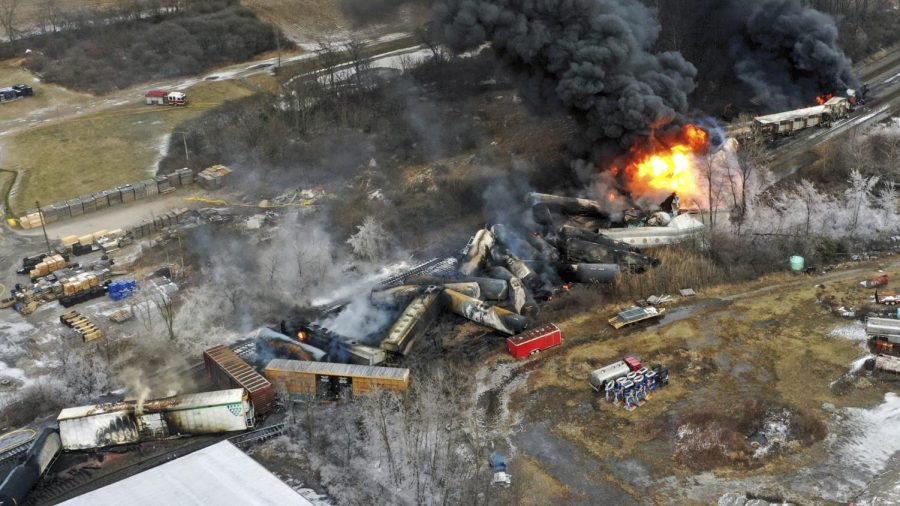 This photo taken with a drone shows portions of a Norfolk Southern freight train that derailed Friday night in East Palestine, Ohio are still on fire at midday Saturday, Feb. 4, 2023.