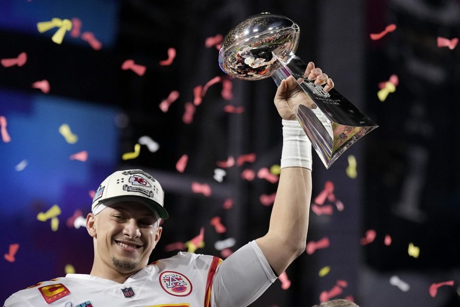 Kansas City Chiefs quarterback Patrick Mahomes holds the Vince Lombardi Trophy after the NFL Super Bowl 57 football game against the Philadelphia Eagles, Sunday, Feb. 12, 2023, in Glendale, Ariz. 