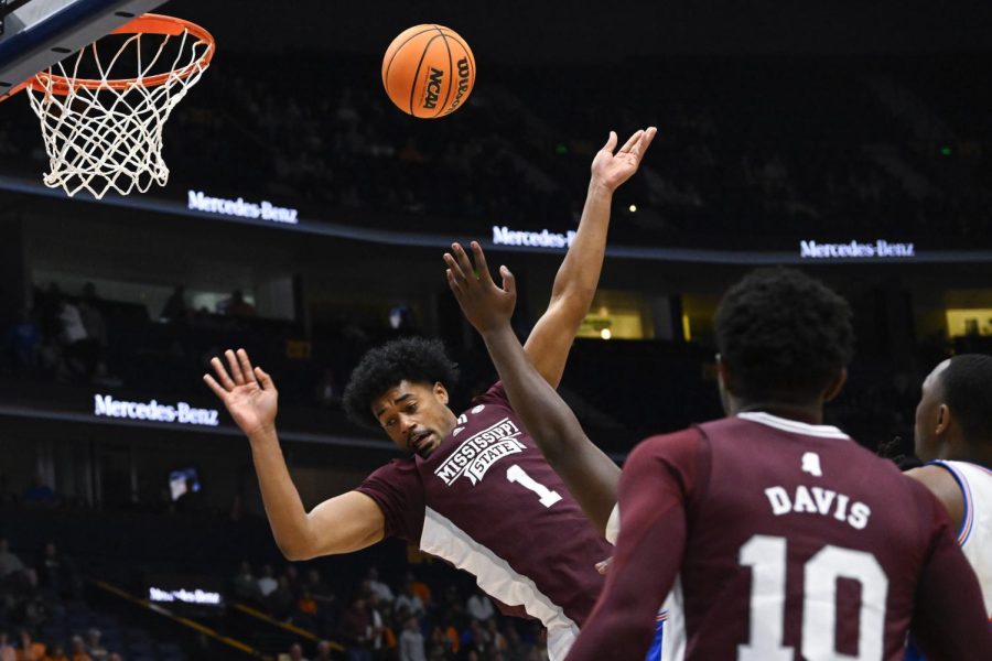 Mississippi State forward Tolu Smith (1) loses the ball during the first half of an NCAA college basketball game against Florida in the second round of the Southeastern Conference Tournament, Thursday, March 9, 2023, in Nashville, Tenn.