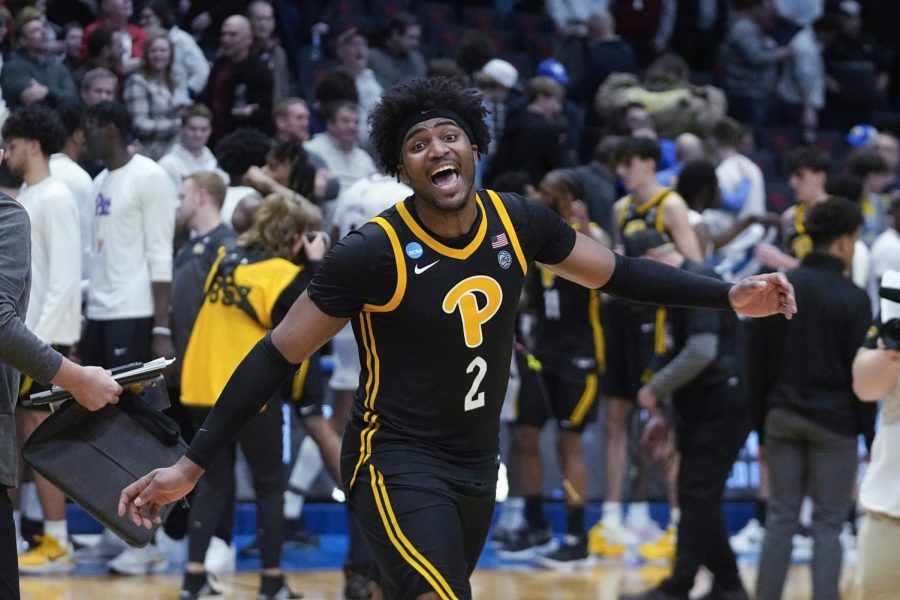 Pittsburghs Blake Hinson (2) celebrates after Pittsburgh defeated Mississippi State in a First Four game in the NCAA mens college basketball tournament Tuesday, March 14, 2023, in Dayton, Ohio. 