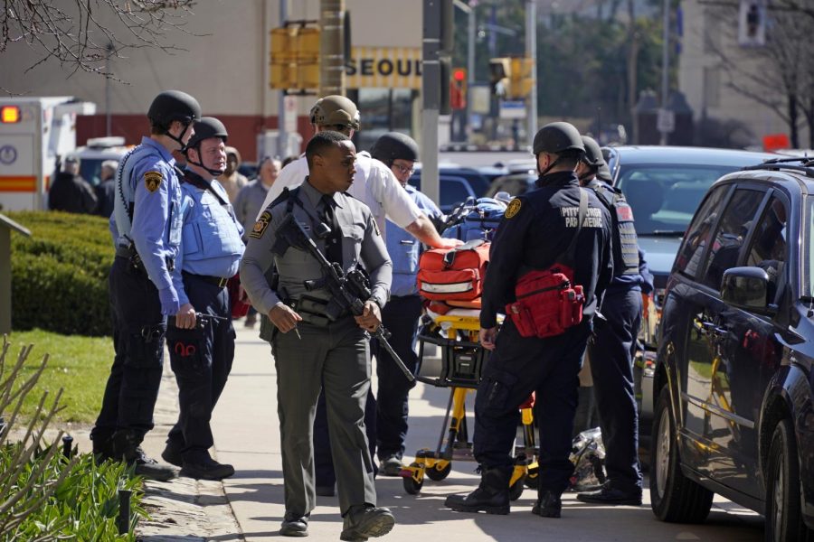 Pittsburgh Police and paramedics respond to Pittsburgh Central Catholic High School for what turned out to be a hoax report of an active shooter on Wednesday, March 29, 2023 in the Oakland neighborhood of Pittsburgh.