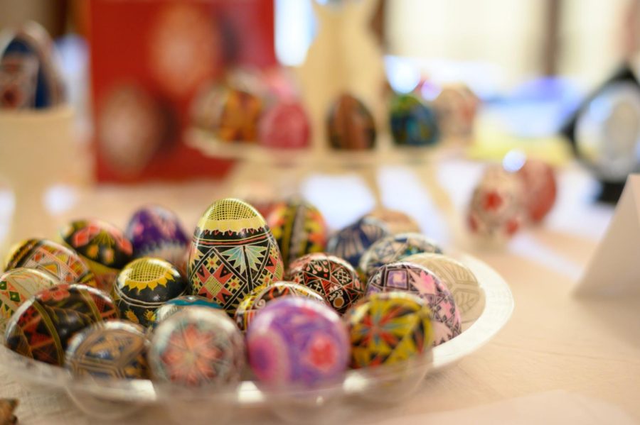 Ukrainian decorated Easter eggs sit on a table in the Alumni Hall Connolly Ballroom on Sunday.
