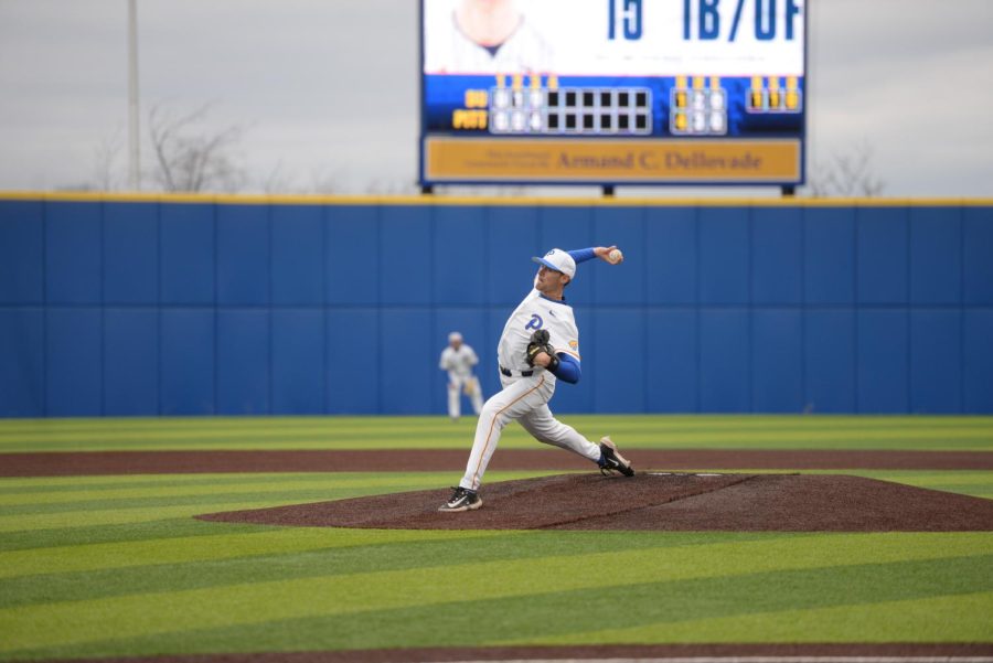 Junior Holden Phelps, throws a pitch on Tuesday, Feb. 28 against Bucknell at Charles L. Cost Field. 
