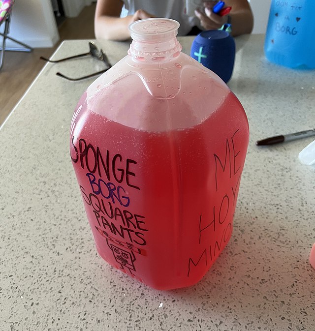 A borg (blackout rage gallon) made of water, vodka and red beverage mix powder in a gallon jug, labeled SpongeBorg SquarePants. The right side of the jug displays the message Me Hoy Minoy, a reference to the SpongeBob SquarePants episode DoodleBob.
