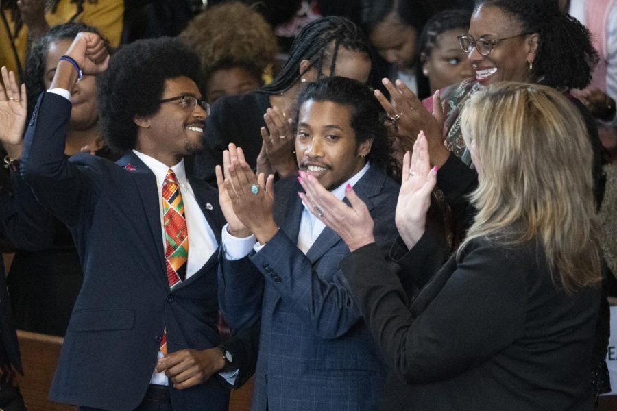 Expelled Rep. Justin Pearson, D-Memphis, from left, expelled Rep. Justin Jones, D-Nashville, and Rep. Gloria Johnson, D-Knoxville, are recognized by the audience at Fisk University before Vice President Kamala Harris arrives, Friday, April 7, 2023, in Nashville, Tenn. 

