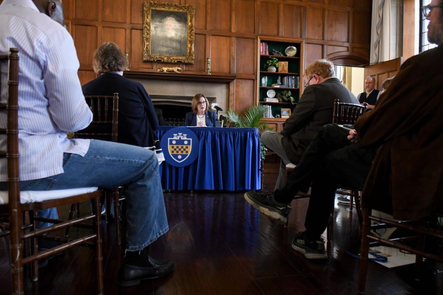 Chancellor-elect Joan Gabel speaks at a press conference in the Cathedral of Learning following her appointment.