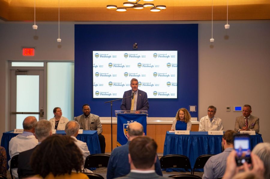 Chancellor Patrick Gallagher speaking at a press conference for Pitt’s Brain Bank on May 18.