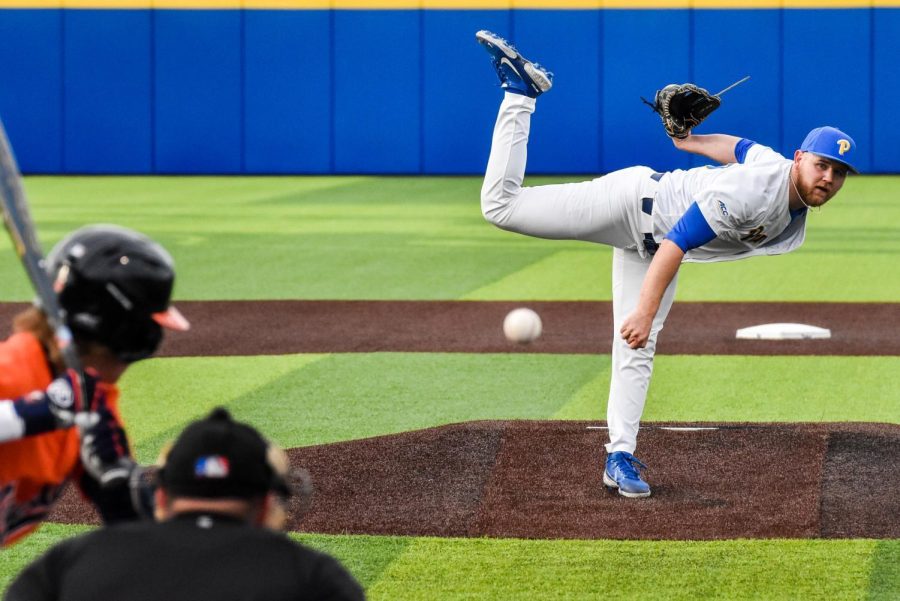 Pitt pitcher Matt Gilbertson (45) pitches during a game against the University of Virginia on April 15, 2022. 