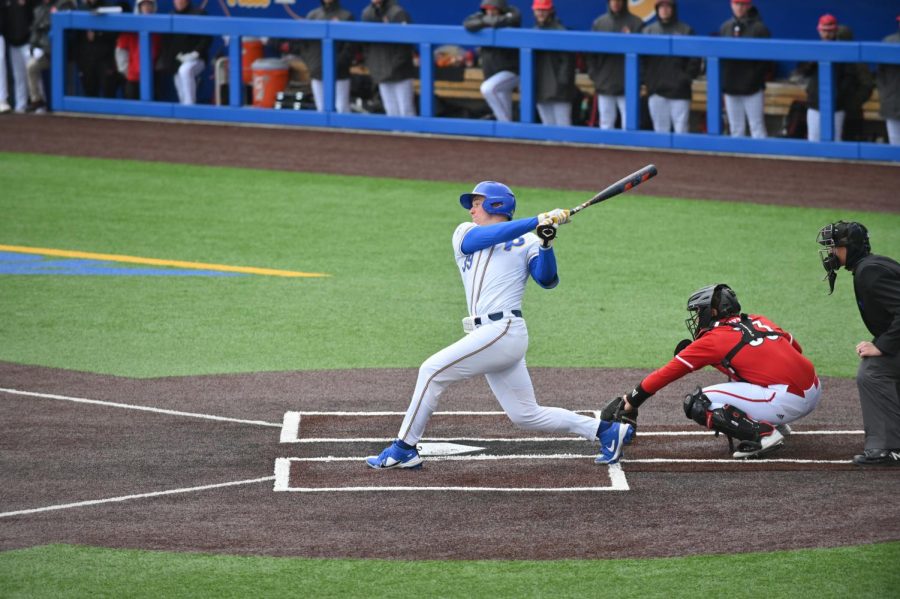 Junior outfielder CJ Funk (39) hits the ball in a game against Louisville on April 3, 2022.
