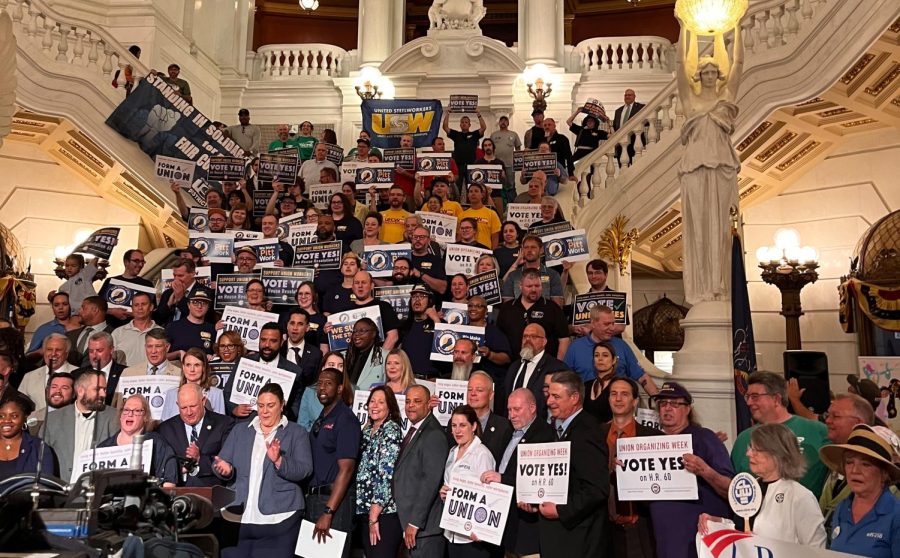 Members of the Pitt faculty union and United Steelworkers at the Pennsylvania State Capitol in Harrisburg on Monday. 
