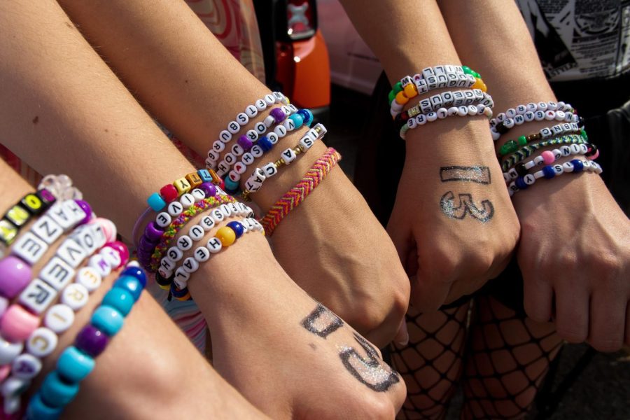Beaded friendship bracelets worn by Taylor Swift fans outside of Acrisure Stadium before Swift’s performance on June 17.

