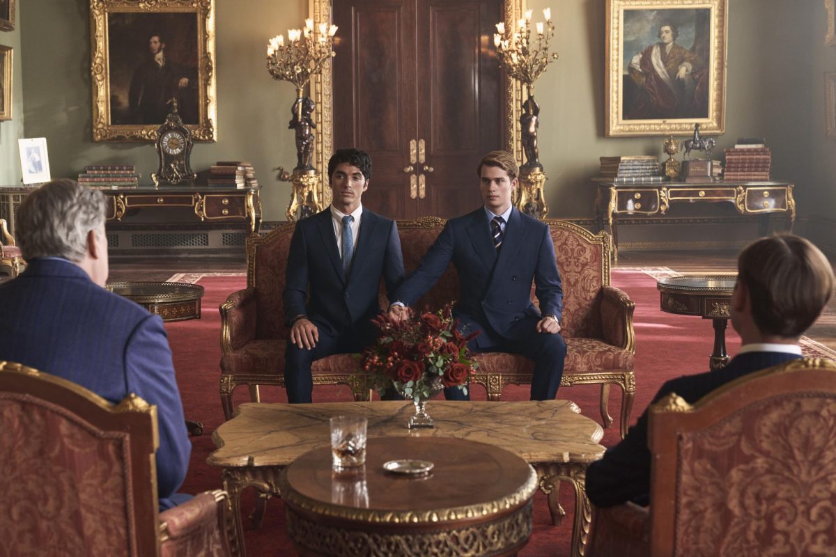 This image released by Amazon Studios shows Taylor Zakhar Perez, left, and Nicholas Galitzine in a scene from Red, White & Royal Blue. 
