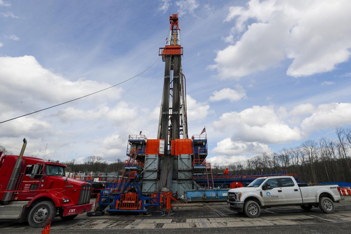 Work continues at a shale gas well drilling site in St. Marys, Pa. on March 12, 2020.