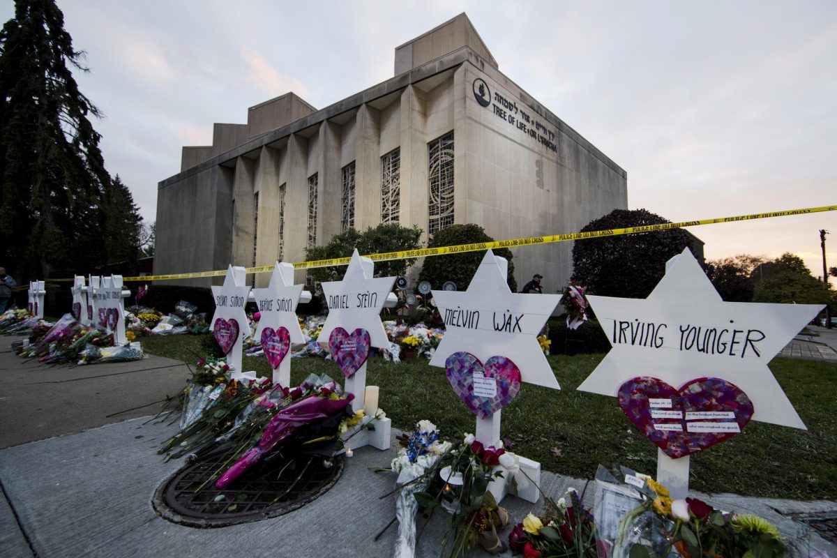 A makeshift memorial stands outside the Tree of Life Synagogue in the aftermath of a deadly shooting in Pittsburgh on Oct. 29, 2018.
