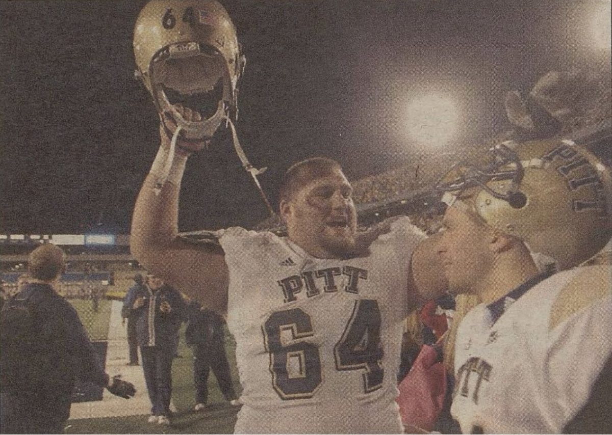 Offensive Lineman Chris Vangas celebrates after a victory in Morgantown on December 1st, 2007.