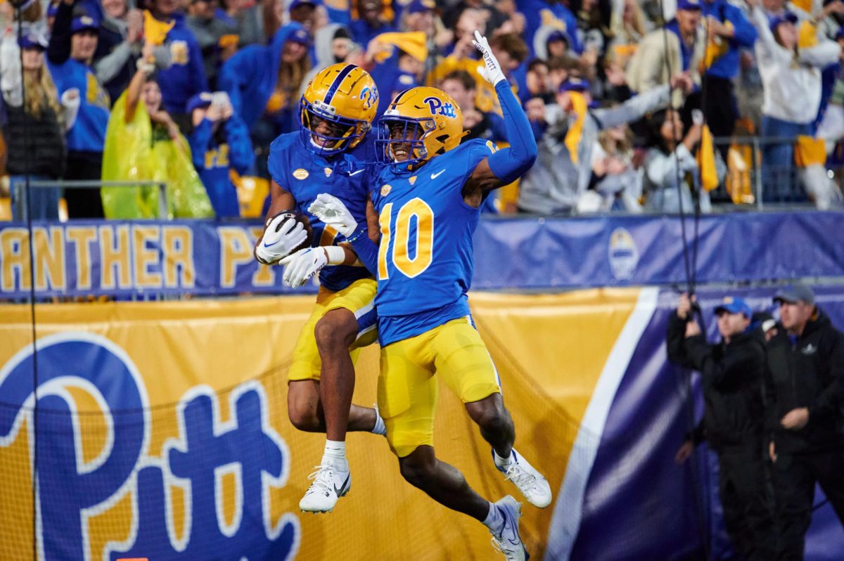 Redshirt freshman defensive back Ryland Gandy (10) celebrates in the end zone with a teammate during Saturday nights game against UNC at Acrisure Stadium. 