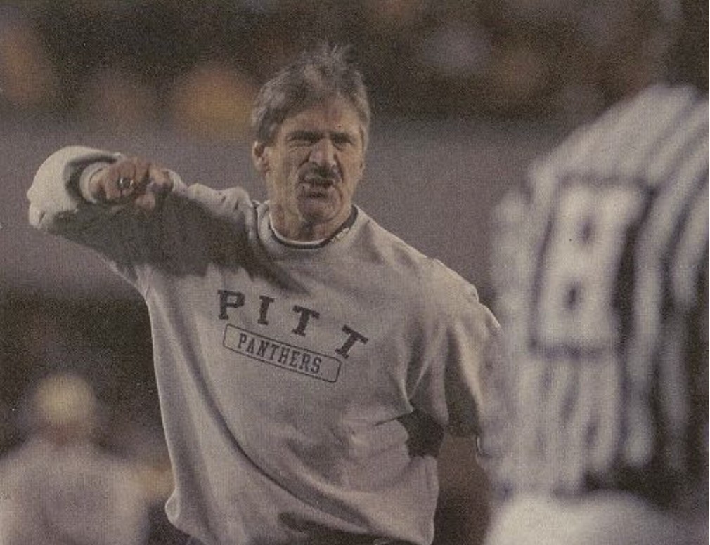 Pitt coach Dave Wannstedt expresses his frustration with a holding call on Oderick Turner that negated LeSean McCoy’s touchdown run during the third quarter at the Backyard Brawl on December 1st, 2007.