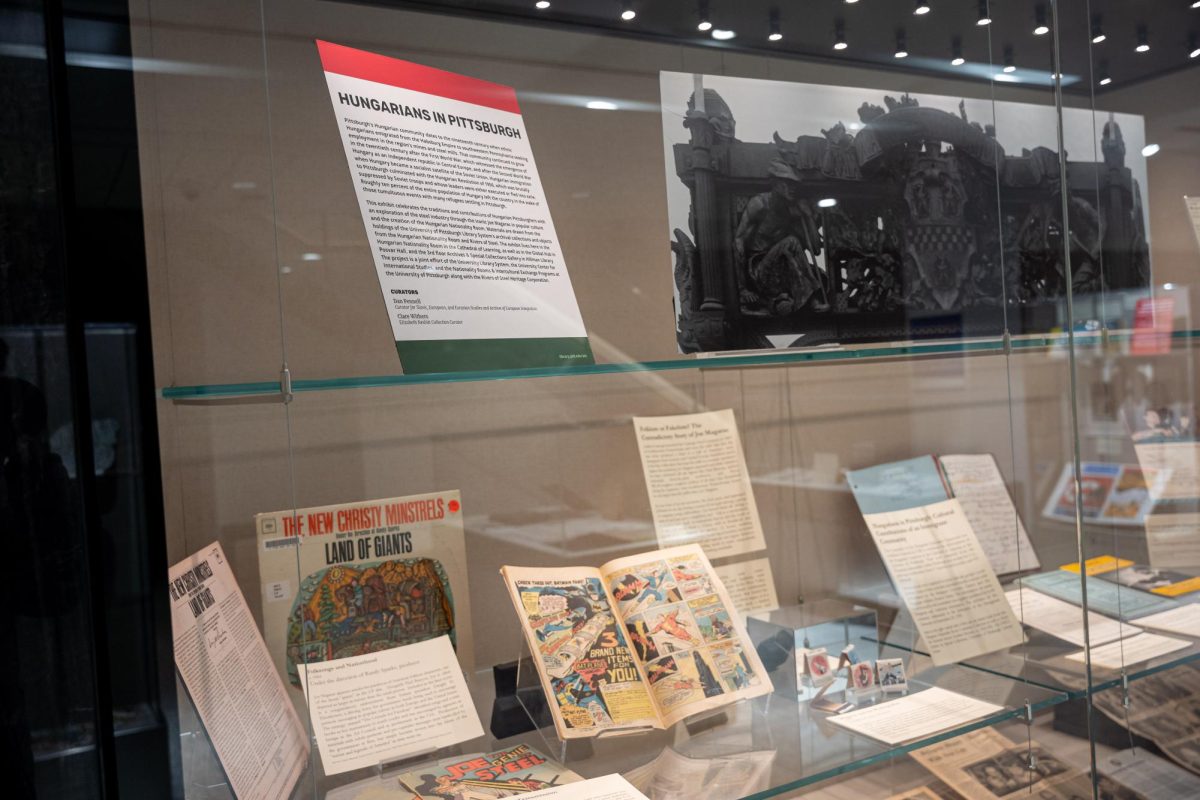 Artifacts sit on display on the third floor of Hillman Library.