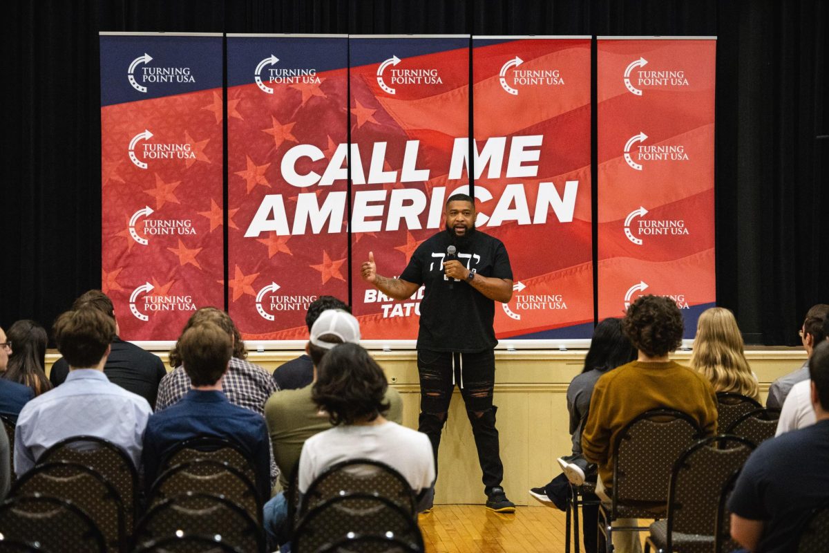 Brandon Tatum speaks during his event “Call Me American” hosted by Turning Point USA in O’Hara Student Center on Thursday night.