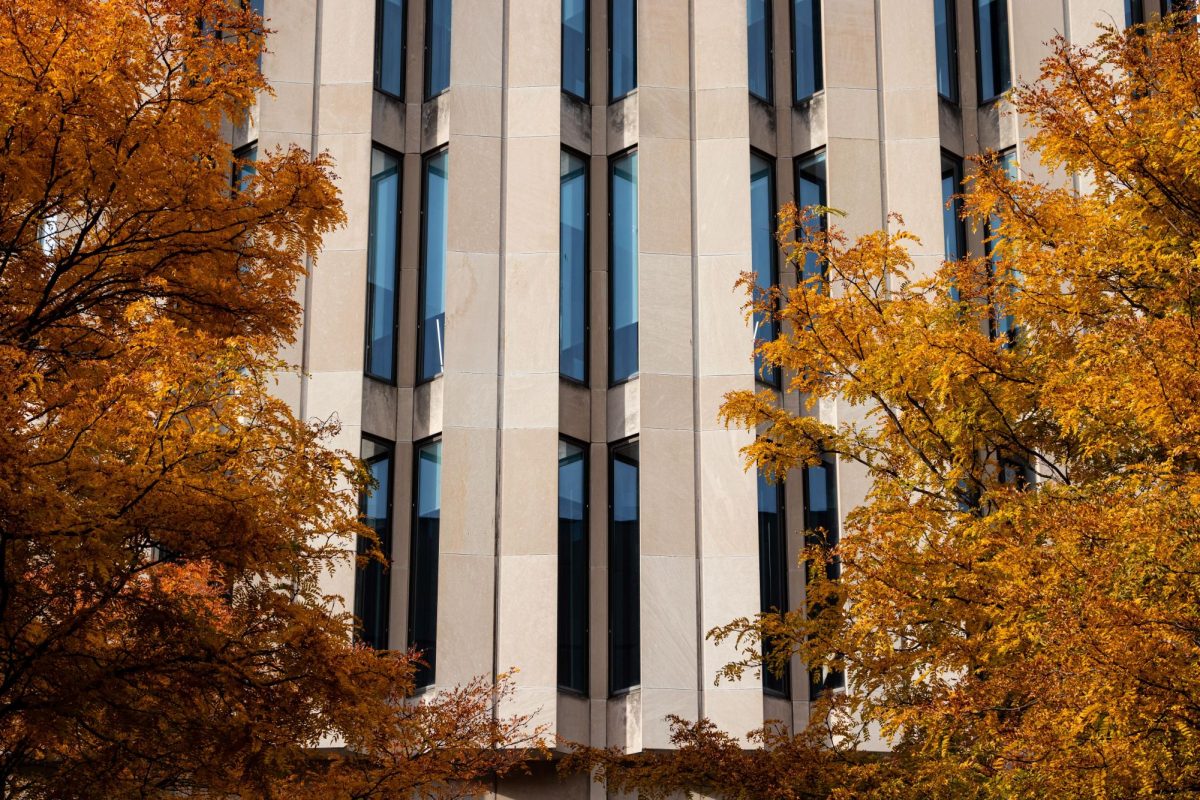 Fall foliage surrounds Hillman Library.