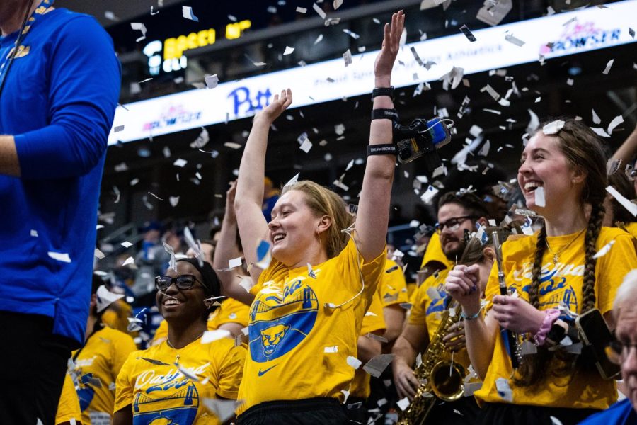 Pitt band members celebrate during Pitt men’s basketball’s game against Boston College on Tuesday, Feb. 15.