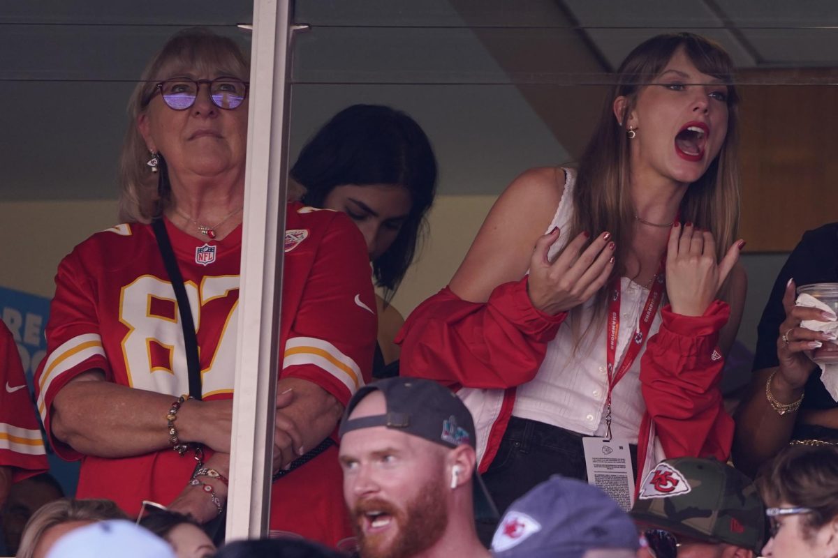 Taylor Swift, right, watches from a suite alongside Travis Kelces mother, Donna Kelce, inside Arrowhead Stadium during the first half of an NFL football game between the Chicago Bears and Kansas City Chiefs Sunday, Sept. 24, 2023, in Kansas City, Mo.