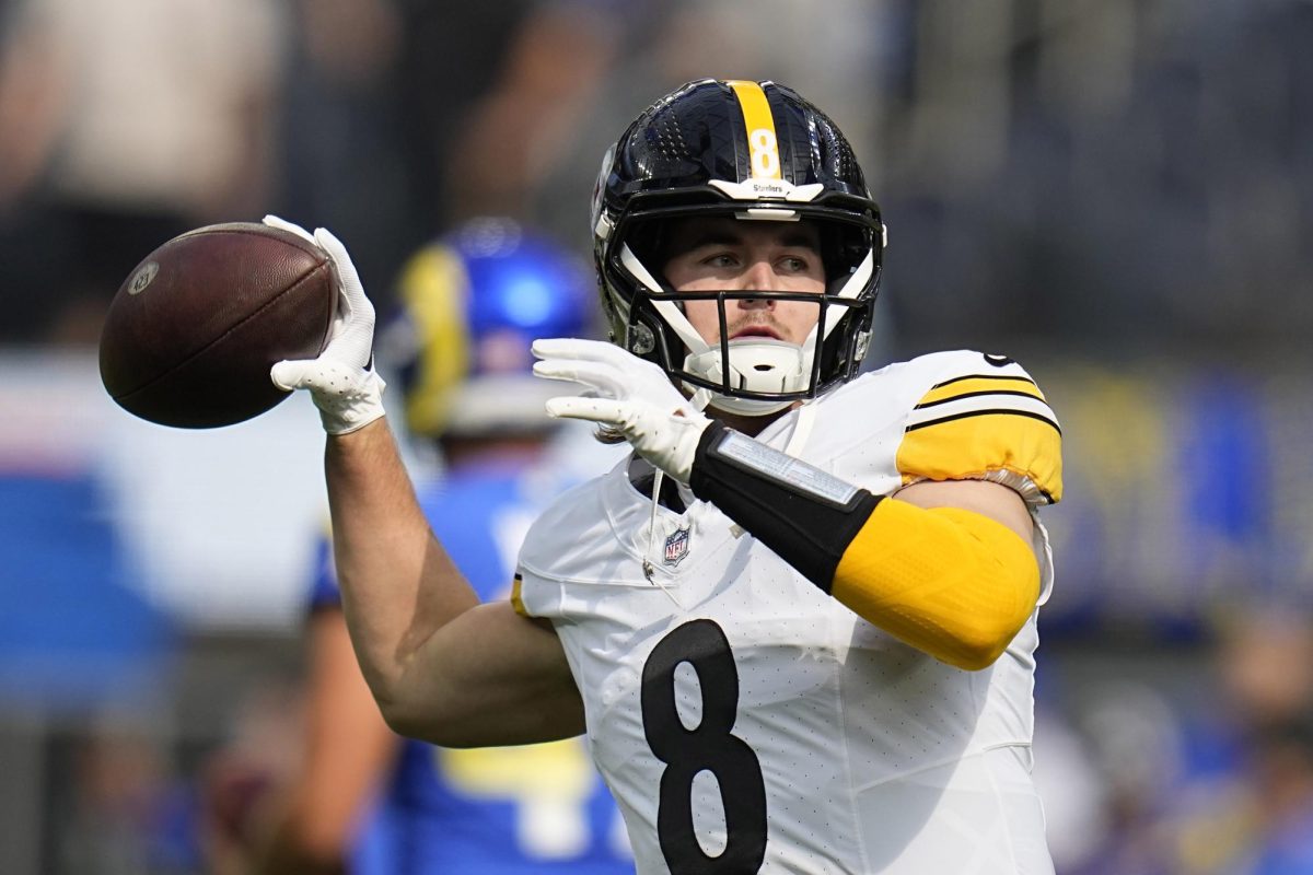 Pittsburgh Steelers quarterback Kenny Pickett warms up prior to an NFL football game against the Los Angeles Rams Sunday, Oct. 22, in Inglewood, Calif. 
