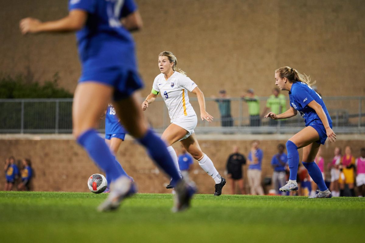 Fifth-year forward Amanda West (9) during the soccer match against Duke at the Ambrose Urbanic Field on Oct. 5.