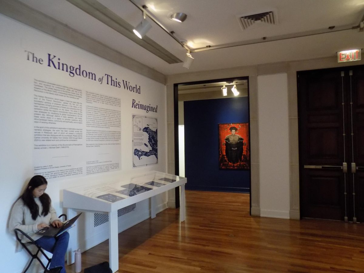 Visitors are welcomed at “The Kingdom of this World Reimagined” at the University Art Gallery at Pitt. 